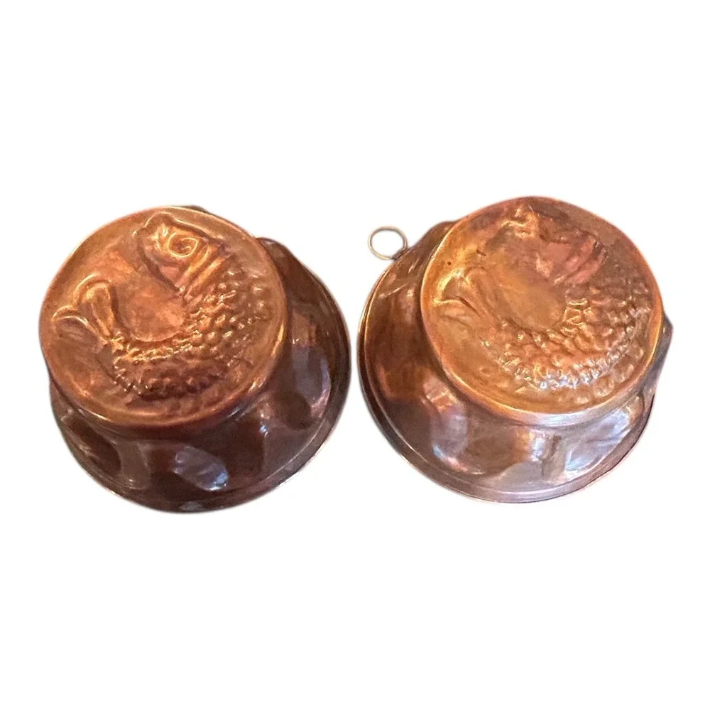 Antique 19th Century  Copper Fish Molds set of 2‎ wall hanger jello mold